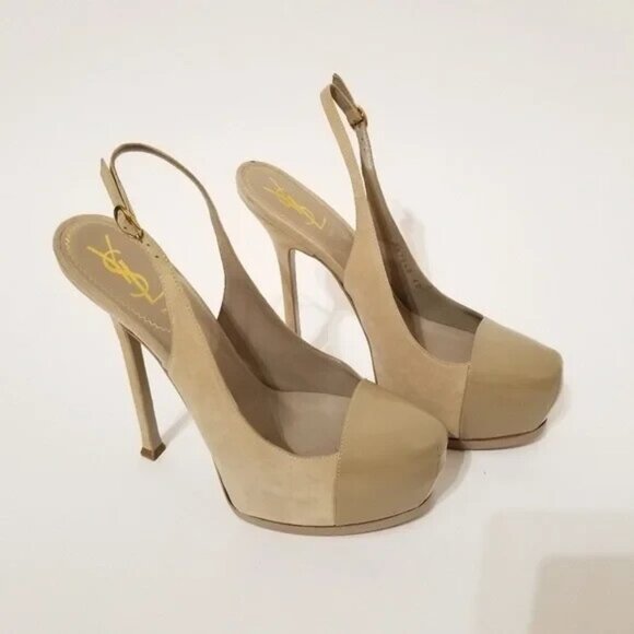 Yves Saint Laurent Shoes - Yves Saint Laurant Tribtoo Embossed Suede Leather Slingback Pumps Heels Beige